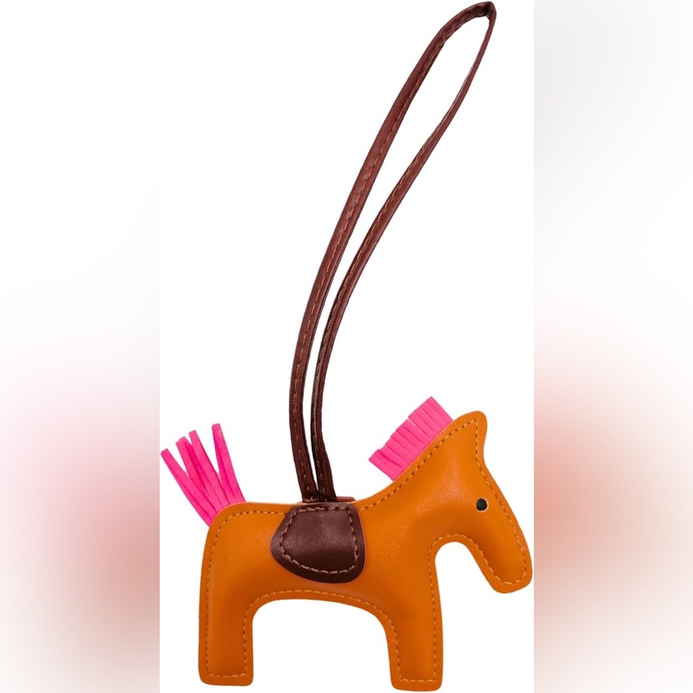 Leather Horse Charm Bag Accessory - Orange with Pink Mane